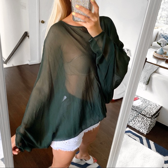 π² SEE BY CHLOE FOREST GREEN SHEER LOOSE BAGGY FIT SILK BLOUSE! - Picture 3 of 10